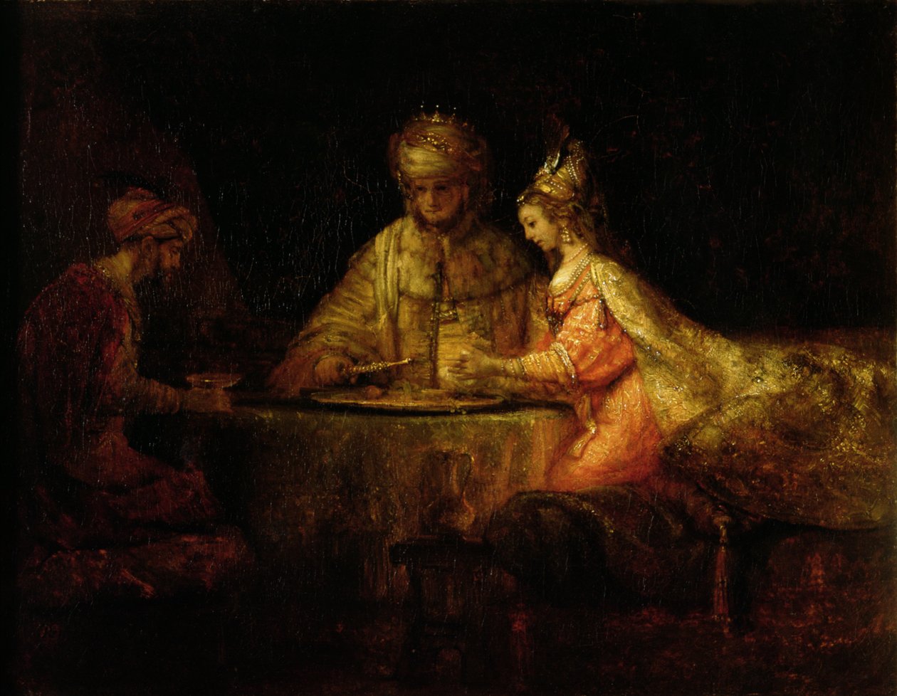 Ahasverus (Xerxes), Haman og Ester, ca. 1660 av Rembrandt van Rijn