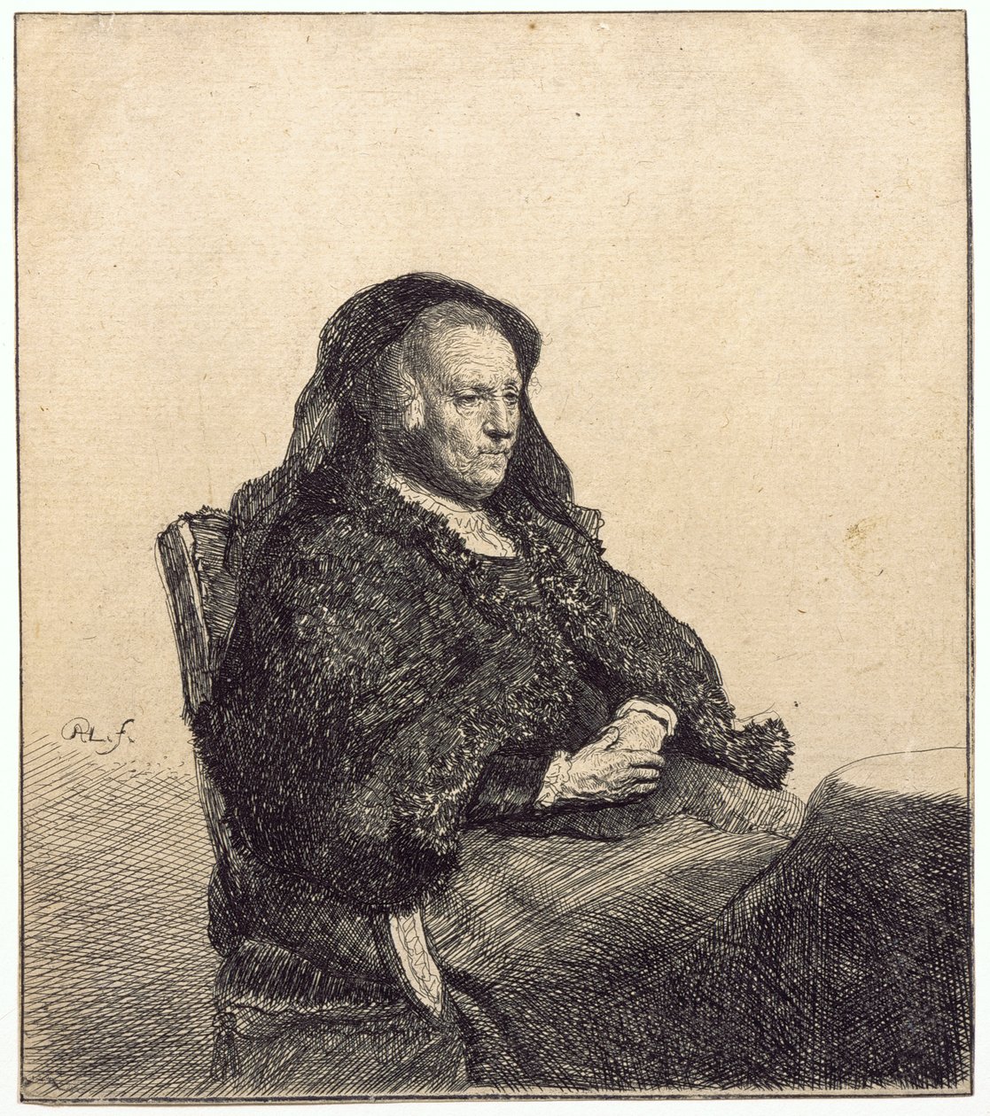 En eldre kvinne (Rembrandts mor, sittende ved et bord) av Rembrandt van Rijn