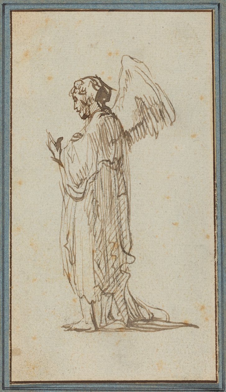 Engel som står (penn og brunt blekk over spor av kull på liggende papir) av Rembrandt van Rijn