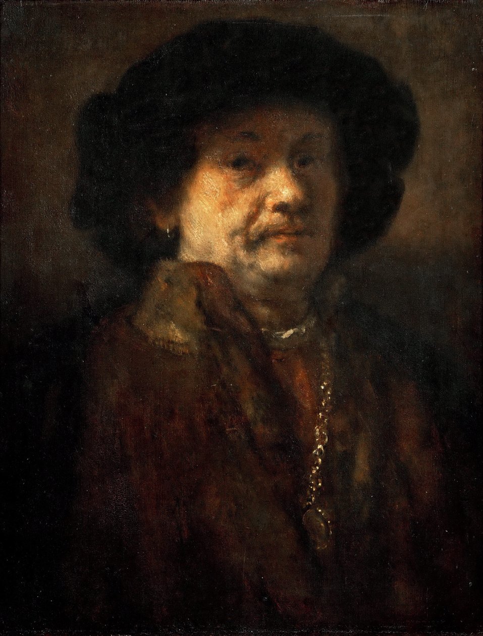 Selvportrett i pels med gullkjede og ørering, av Rembrandt van Rhijn (1606-1669). olje på tre av Rembrandt van Rijn