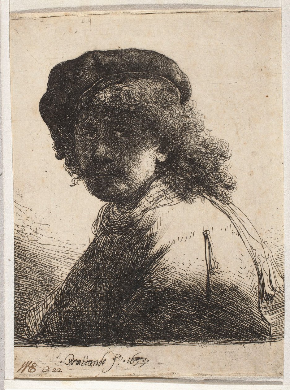 Selvportrett med beret og sjal av Rembrandt van Rijn