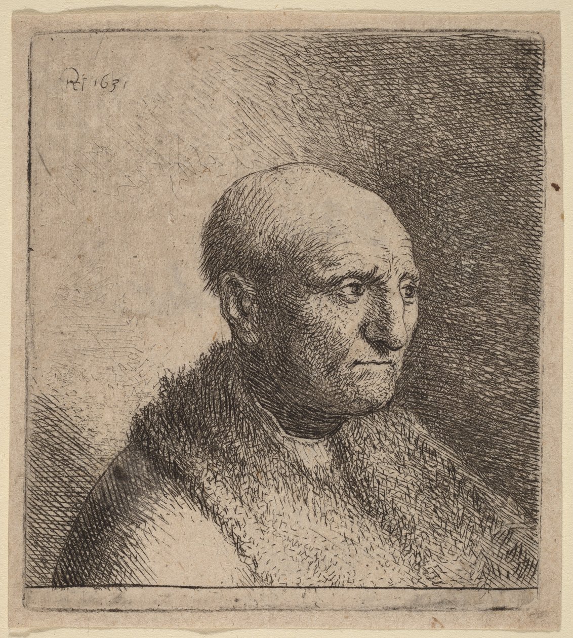 En skallet mann i en pelsfrakk av Rembrandt van Rijn