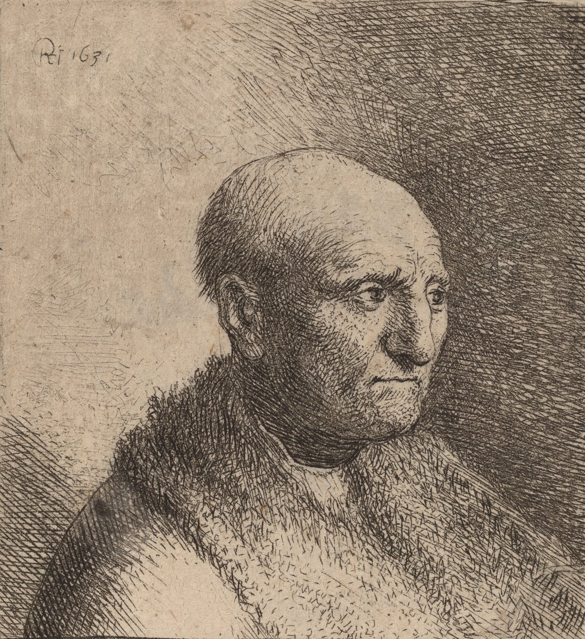 Skallet mann i en pelskappe, ca. 1630. av Rembrandt van Rijn