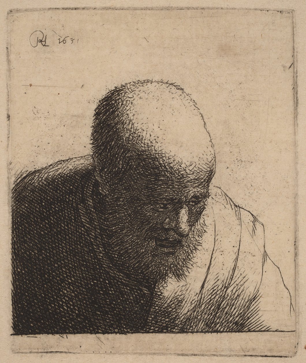 En skallet mann med åpen munn, som ser ned av Rembrandt van Rijn