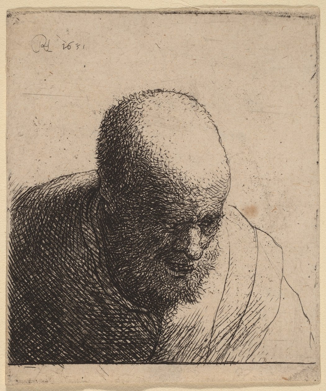 En skallet mann med åpen munn, som ser ned av Rembrandt van Rijn