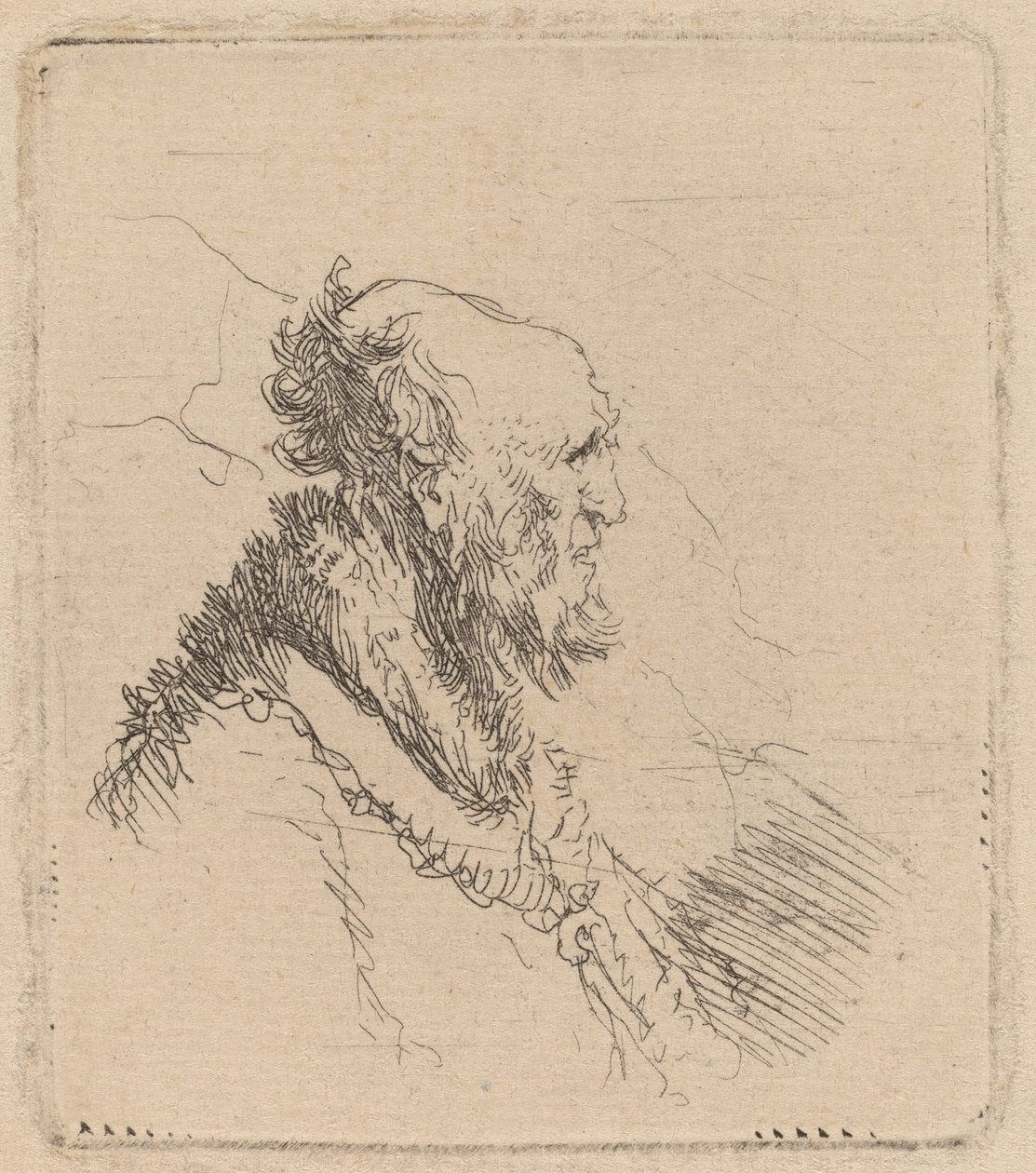 Skallet gammel mann med kort skjegg i profil av Rembrandt van Rijn