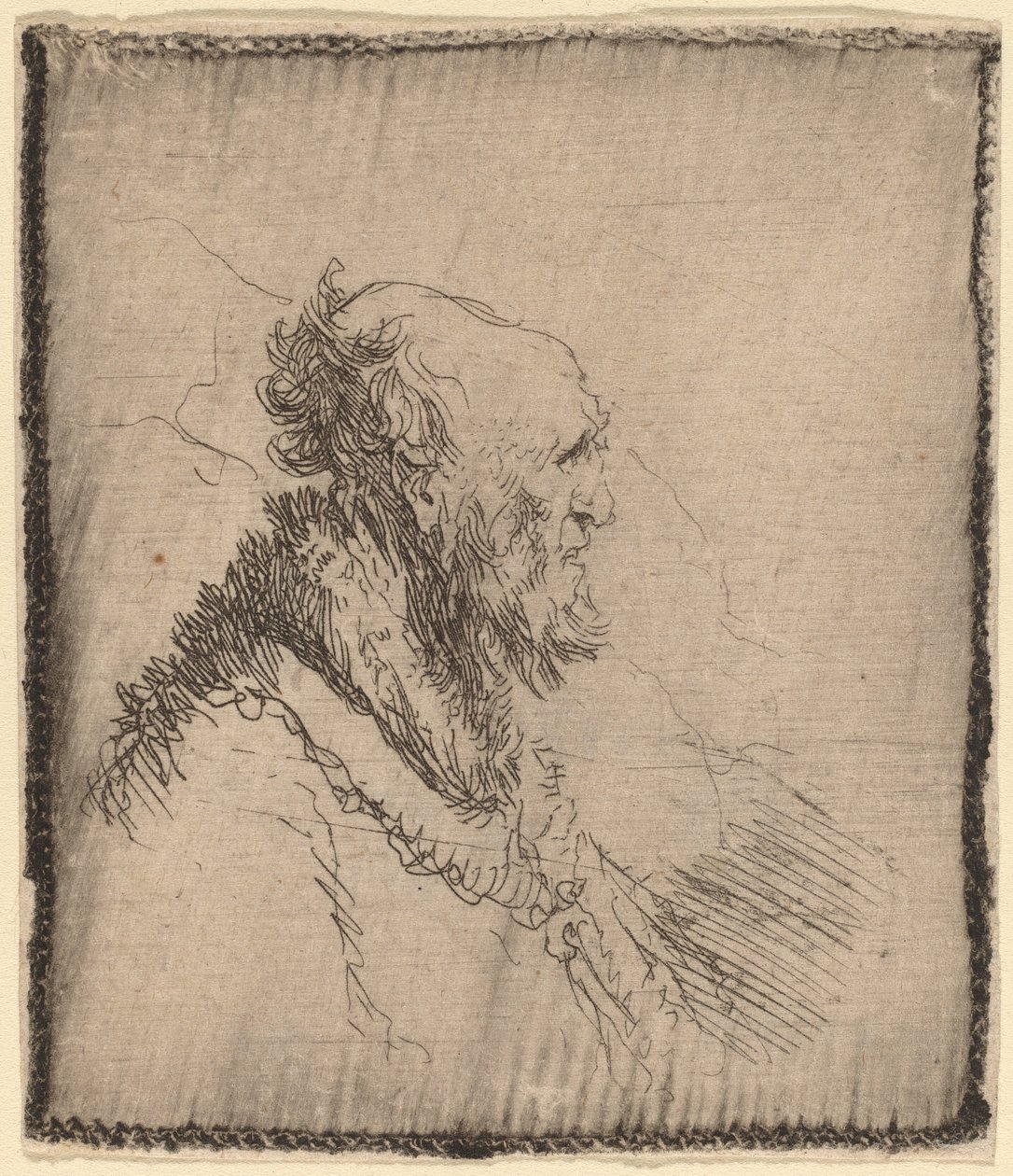 Skallet gammel mann med kort skjegg i profil av Rembrandt van Rijn