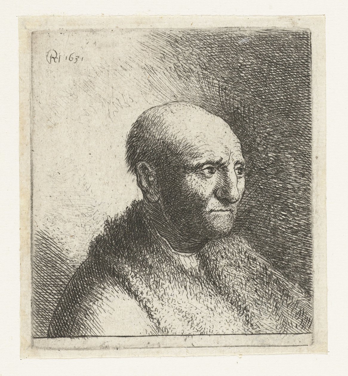 Skallet mann i pelskappe: byste av Rembrandt van Rijn