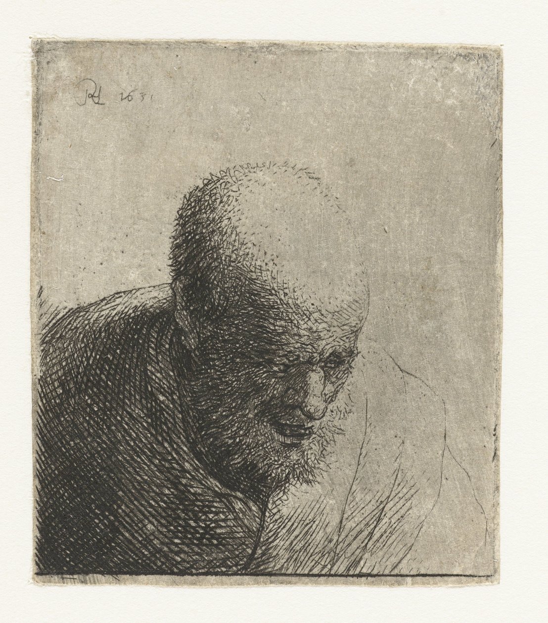 Skallet mann med åpen munn, ser ned: byste av Rembrandt van Rijn
