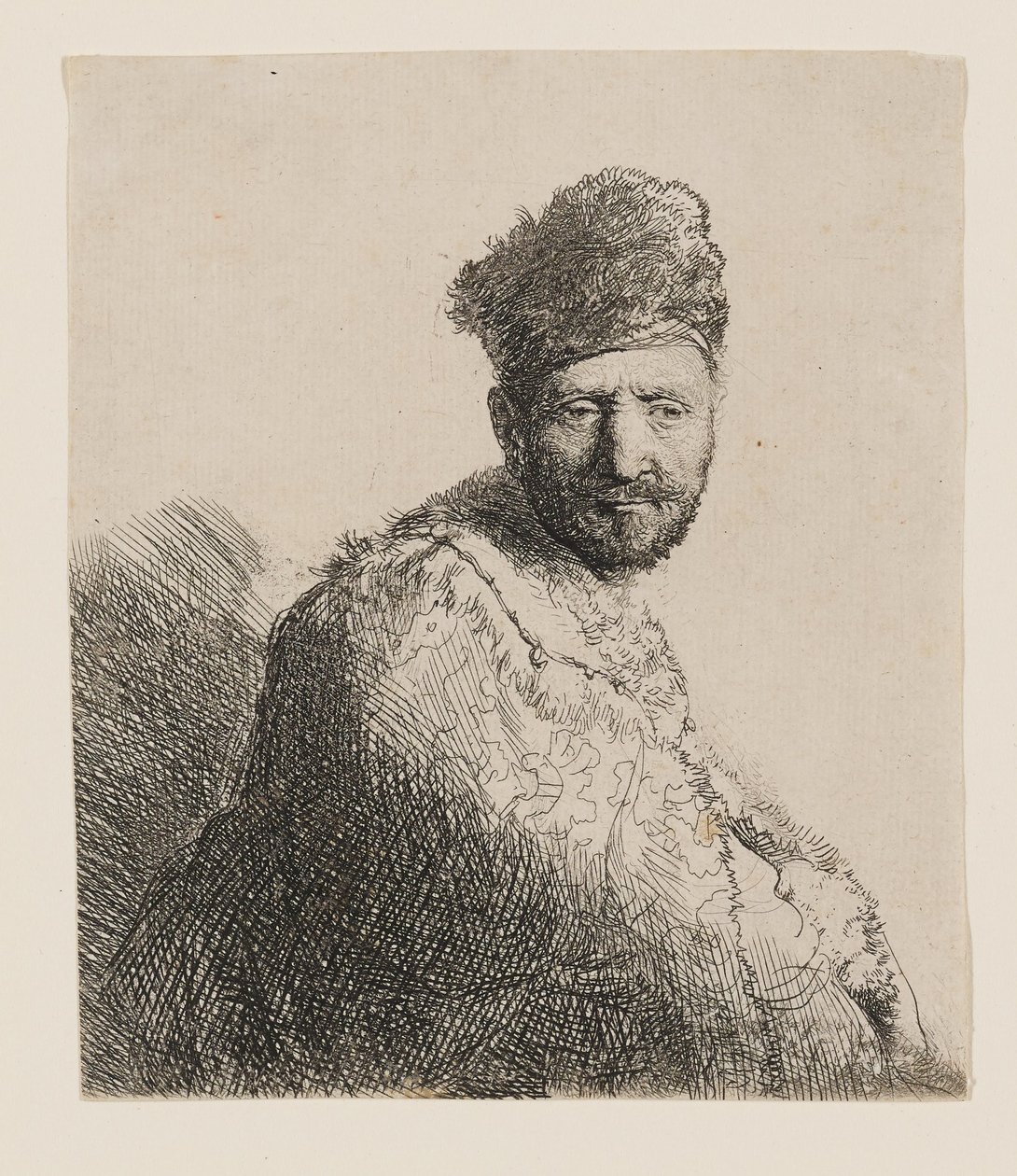 Skjegget mann med pelsforet orientalsk lue og kappe: Halvfigur av Rembrandt van Rijn