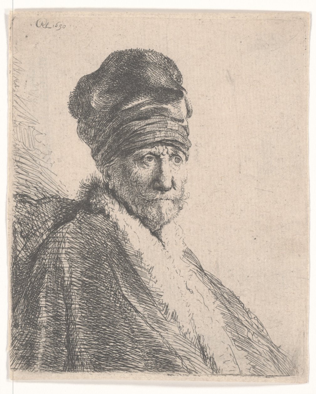Skjegget mann i en pelset orientalsk lue og kappe, iført høy caps, 1630 av Rembrandt van Rijn