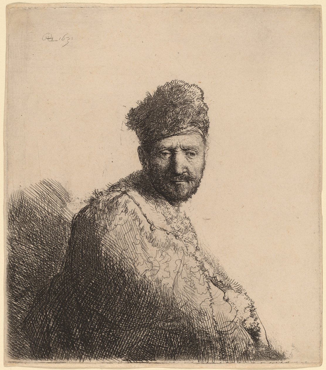 Skjeggete mann, i en pelset orientalsk lue og kappe: kunstnerens far av Rembrandt van Rijn