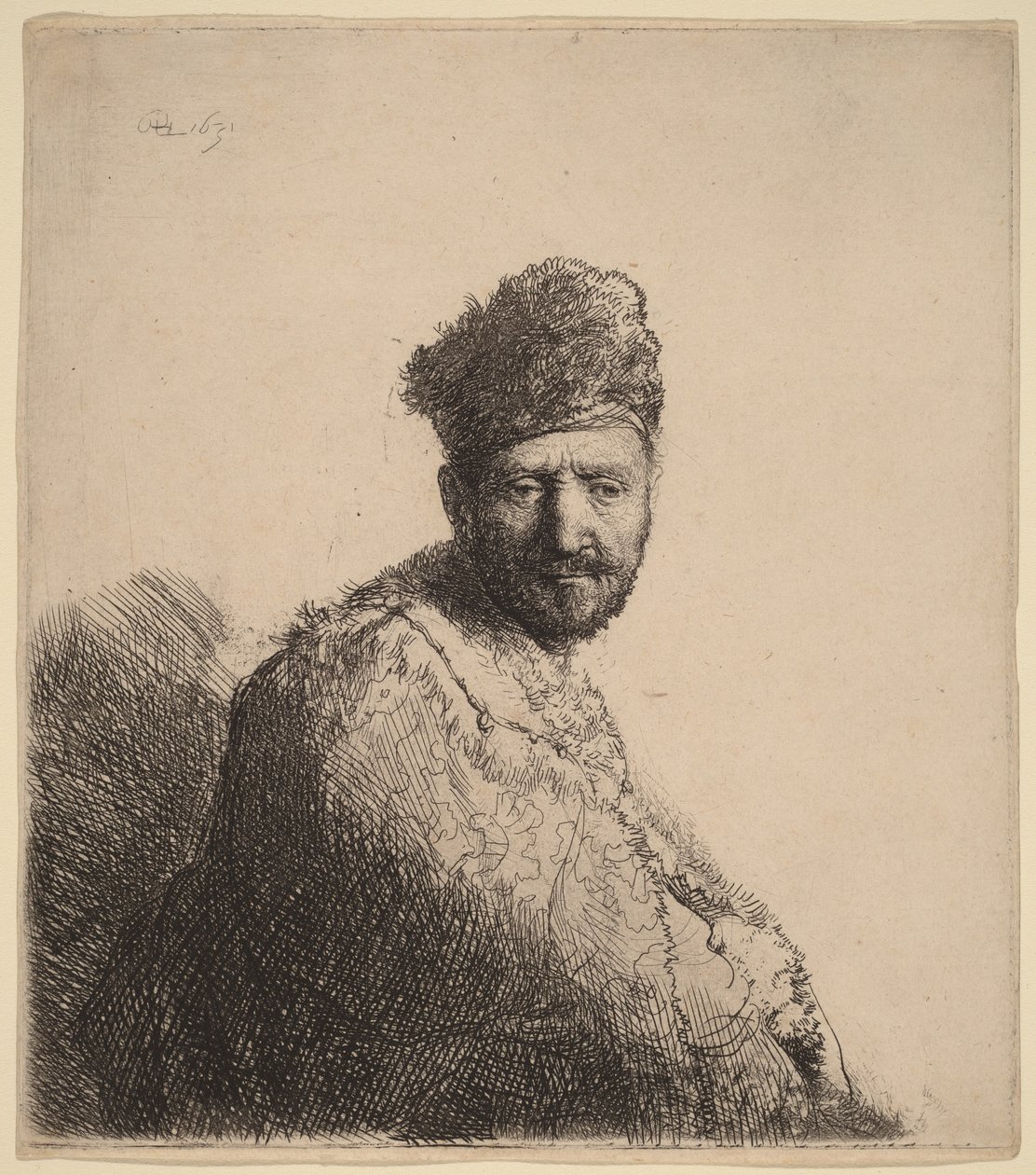 En skjegget mann med en pelsforet orientalsk lue og kappe: kunstnerens far av Rembrandt van Rijn