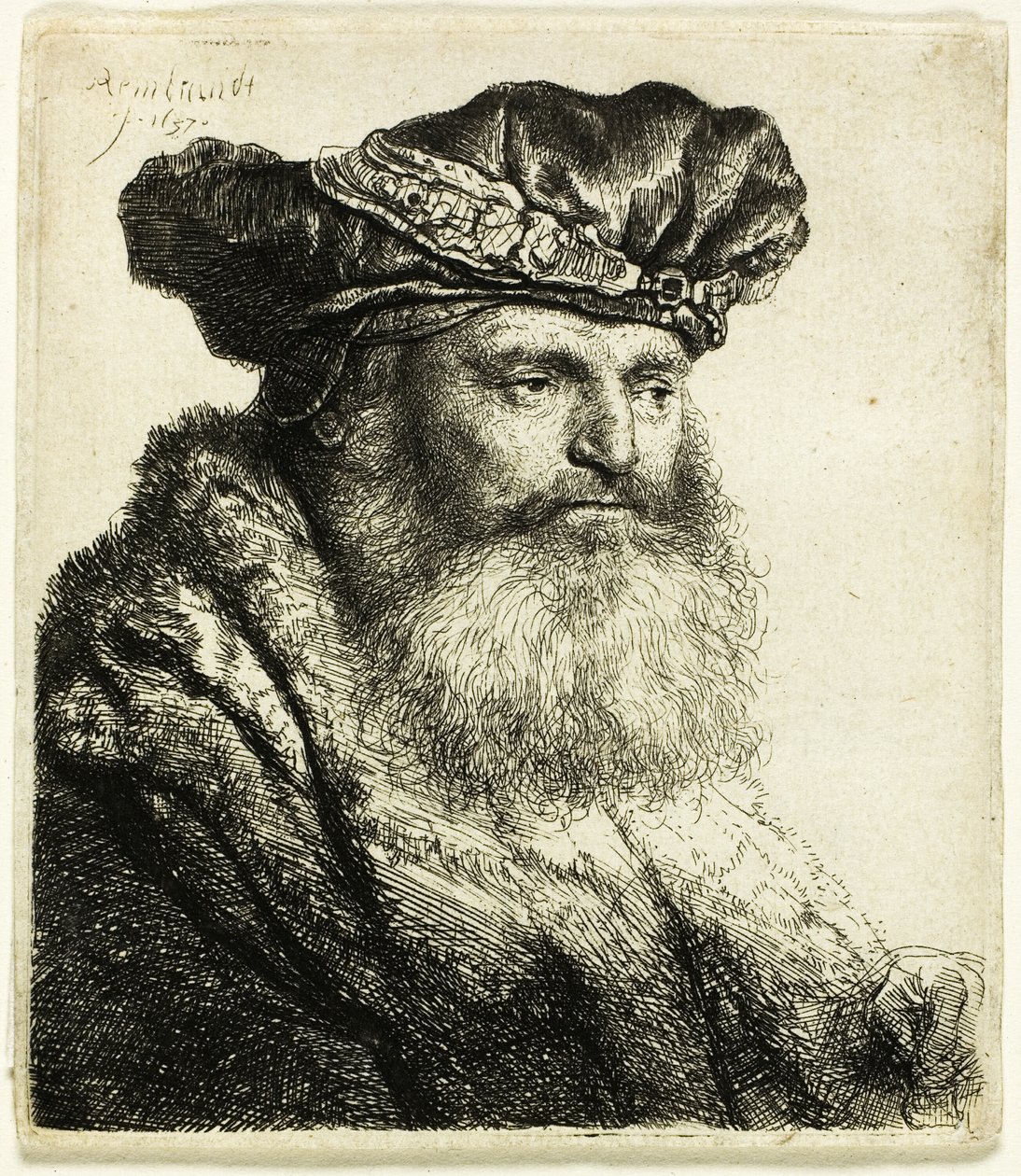 Skjeggete mann i fløyelshette med juvellås av Rembrandt van Rijn