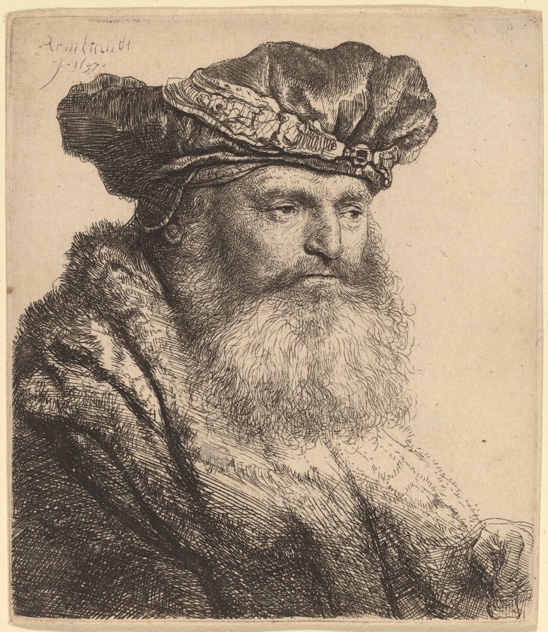 Skjegget mann i fløyelslue med juvellås av Rembrandt van Rijn