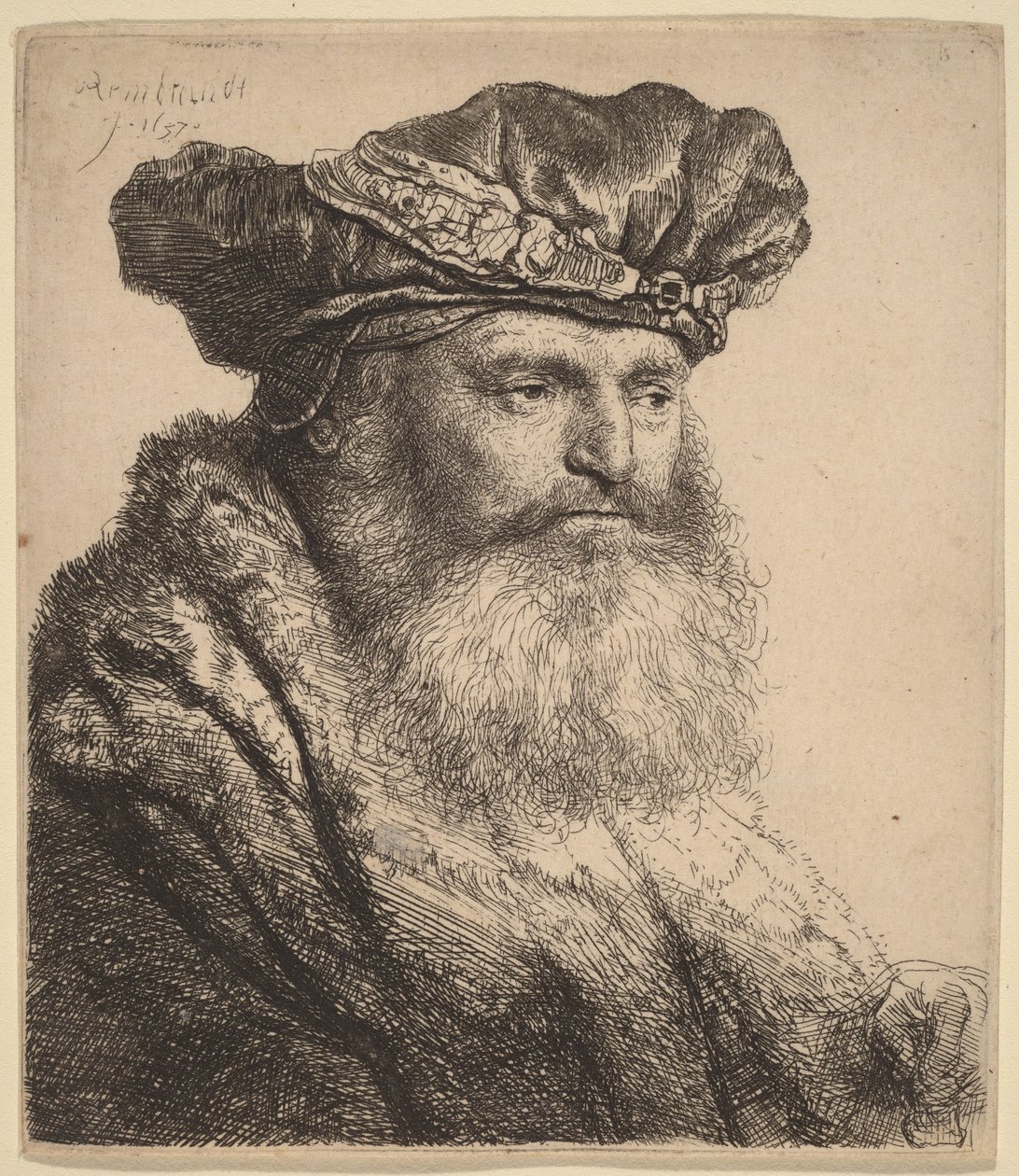En skjegget mann med en fløyelslue med juvelspenne av Rembrandt van Rijn