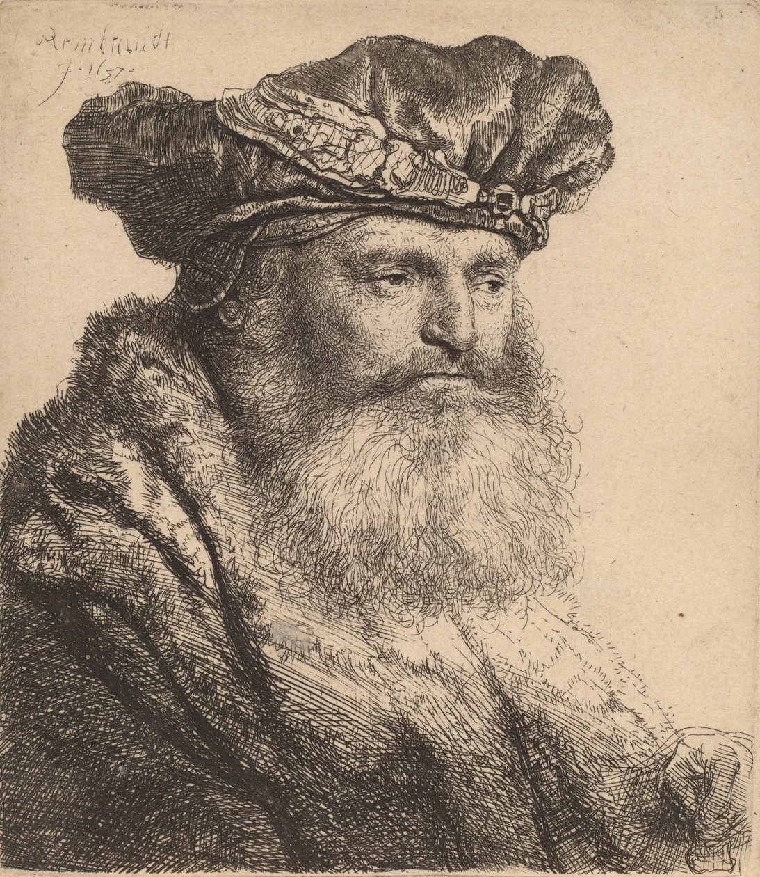Skjegget mann i fløyelshette med juvellås, 1637 av Rembrandt van Rijn