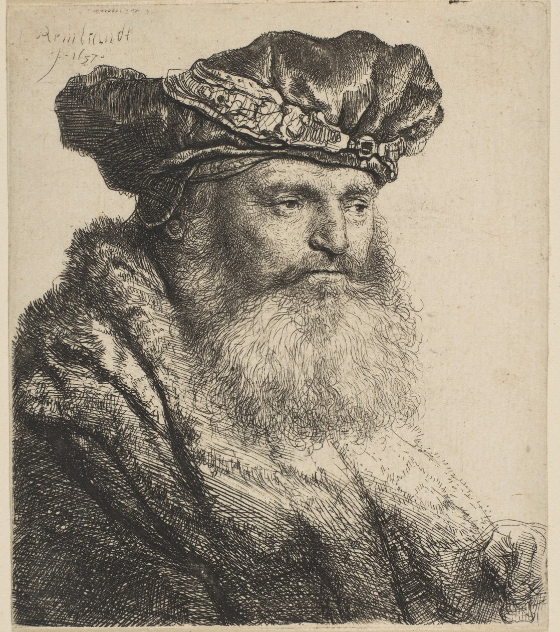 Skjegget mann i fløyelshette med juvellås, 1637. av Rembrandt van Rijn