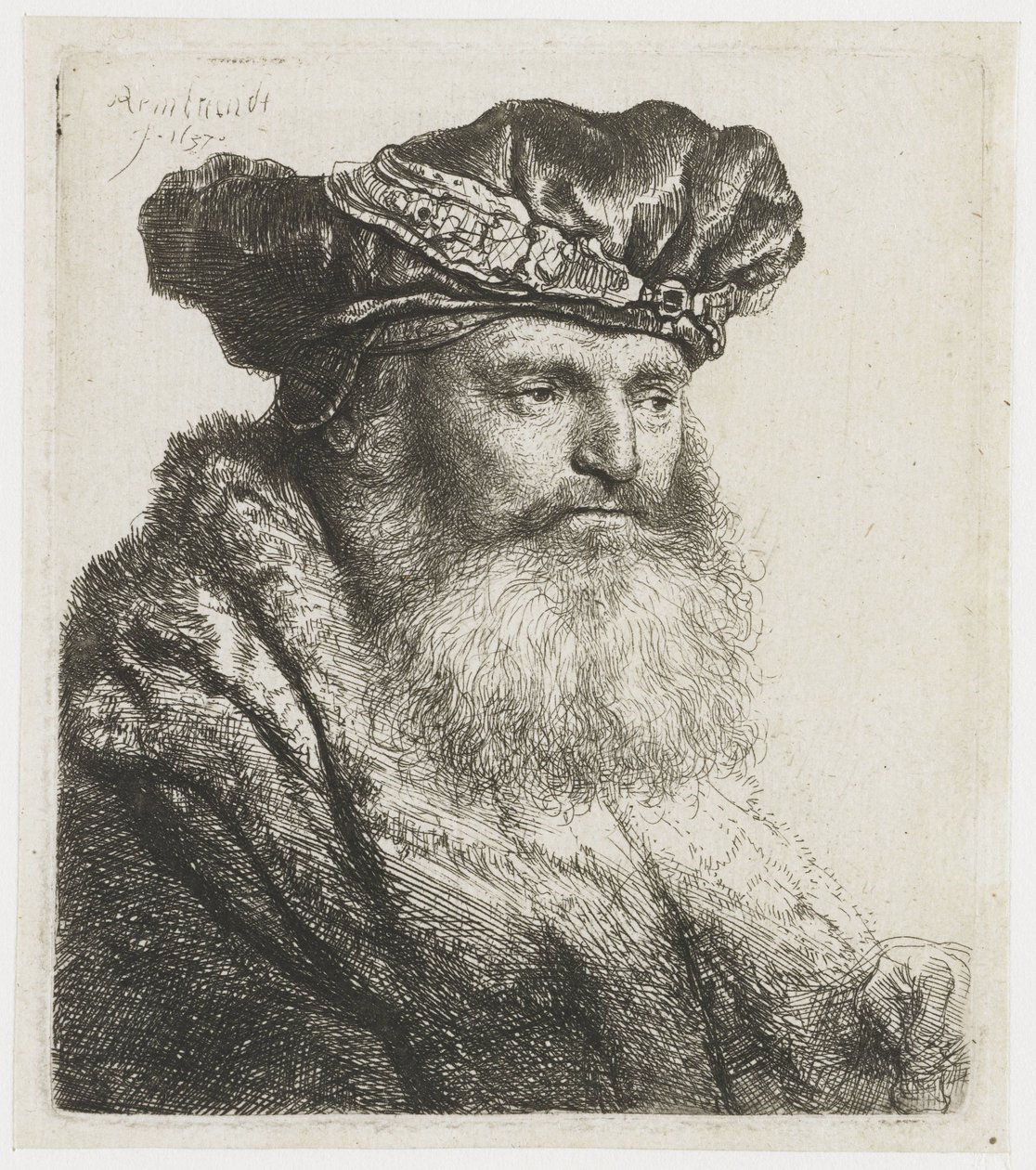 Skjeggete mann i fløyelshette med juvellås Skjeggete mann i fløyelshette med juvellås av Rembrandt van Rijn