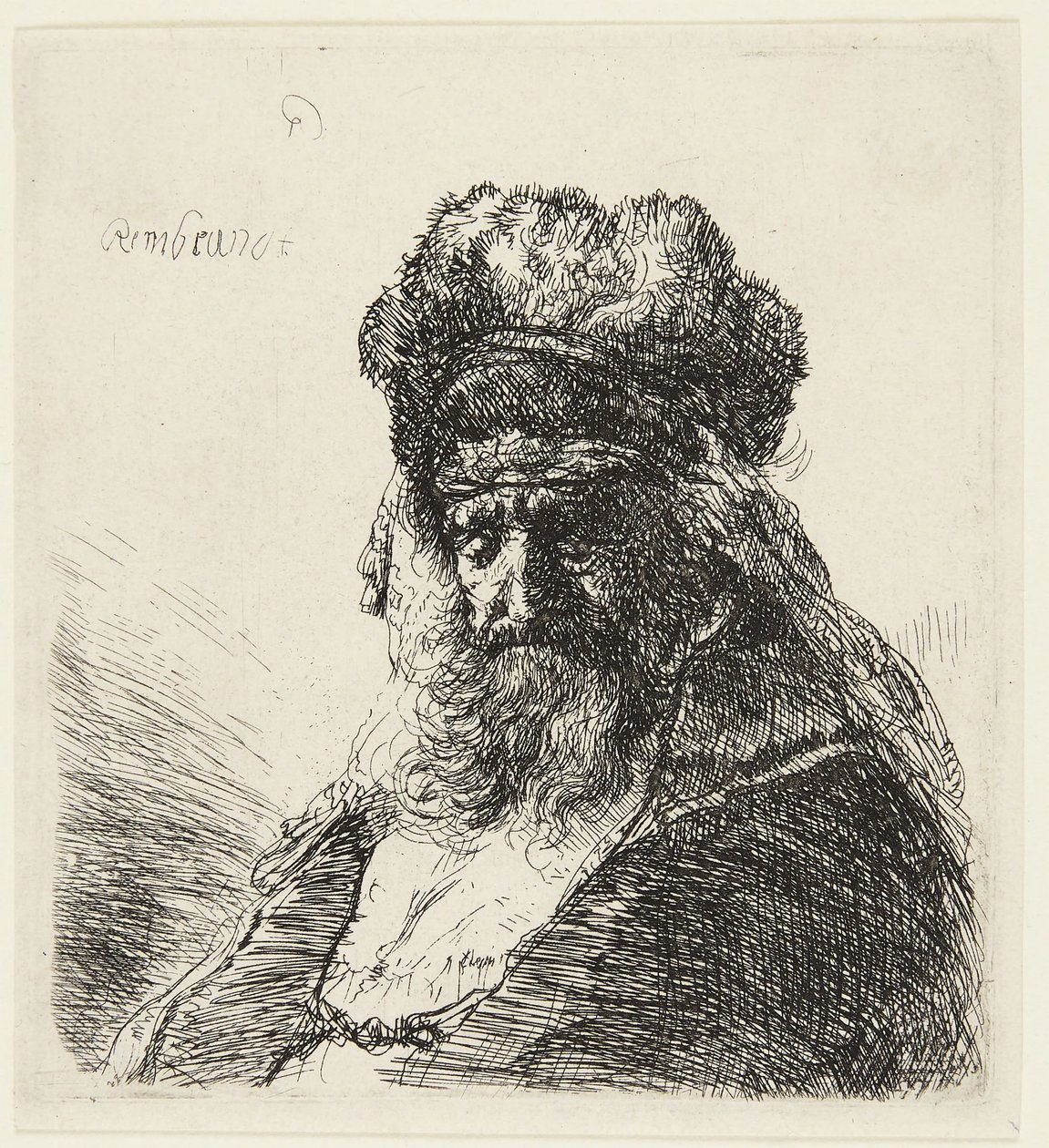 En skjeggete gammel mann med en høy pelslue, med lukkede øyne av Rembrandt van Rijn