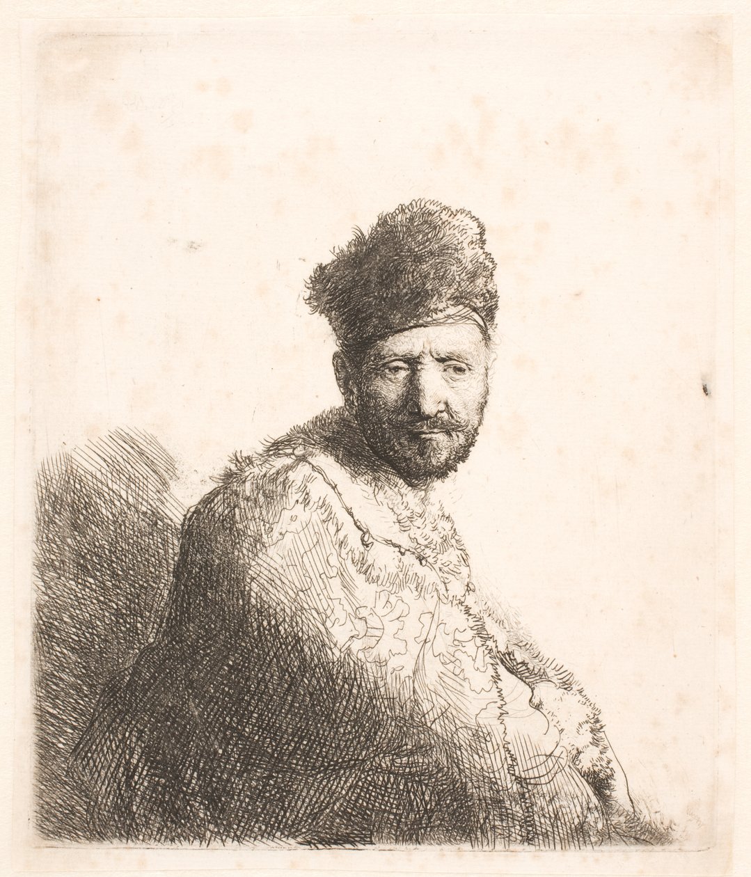 Skjegget mann (Rembrandts far) med orientalsk lue og kappe med pelskant: halvfigur av Rembrandt van Rijn