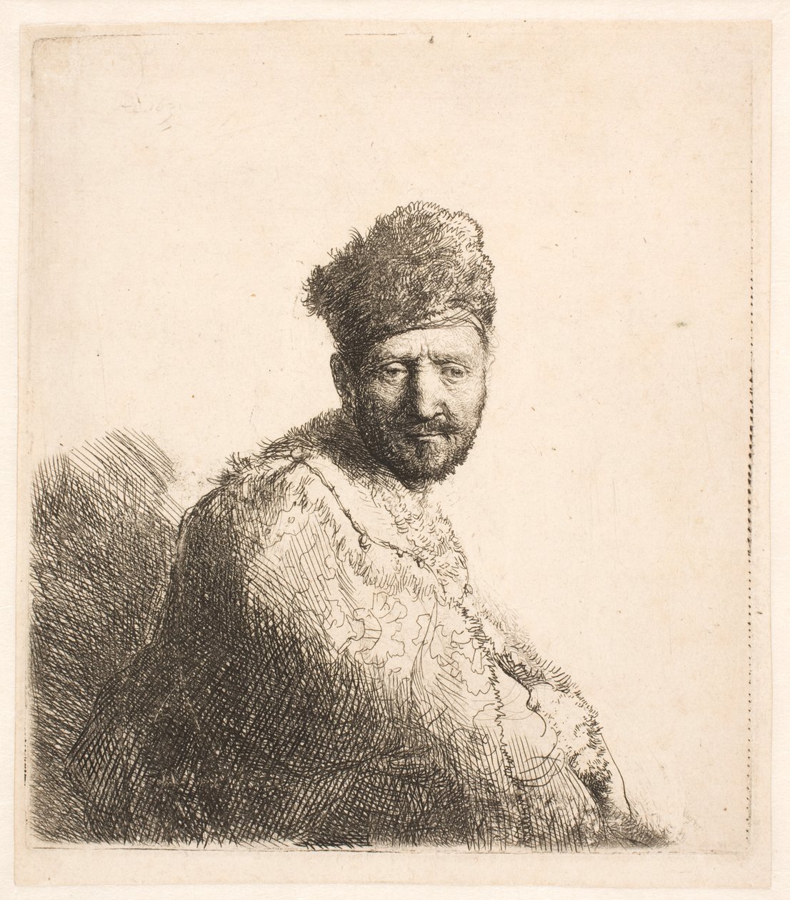 Skjegget mann (Rembrandts far) med orientalsk lue og kappe med pelskant: halvfigur av Rembrandt van Rijn