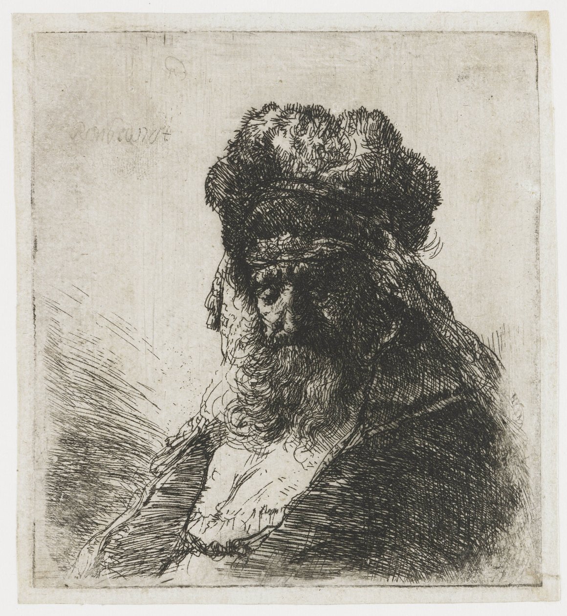 Skjegget gammel mann i høy pelshatt, med lukkede øyne av Rembrandt van Rijn