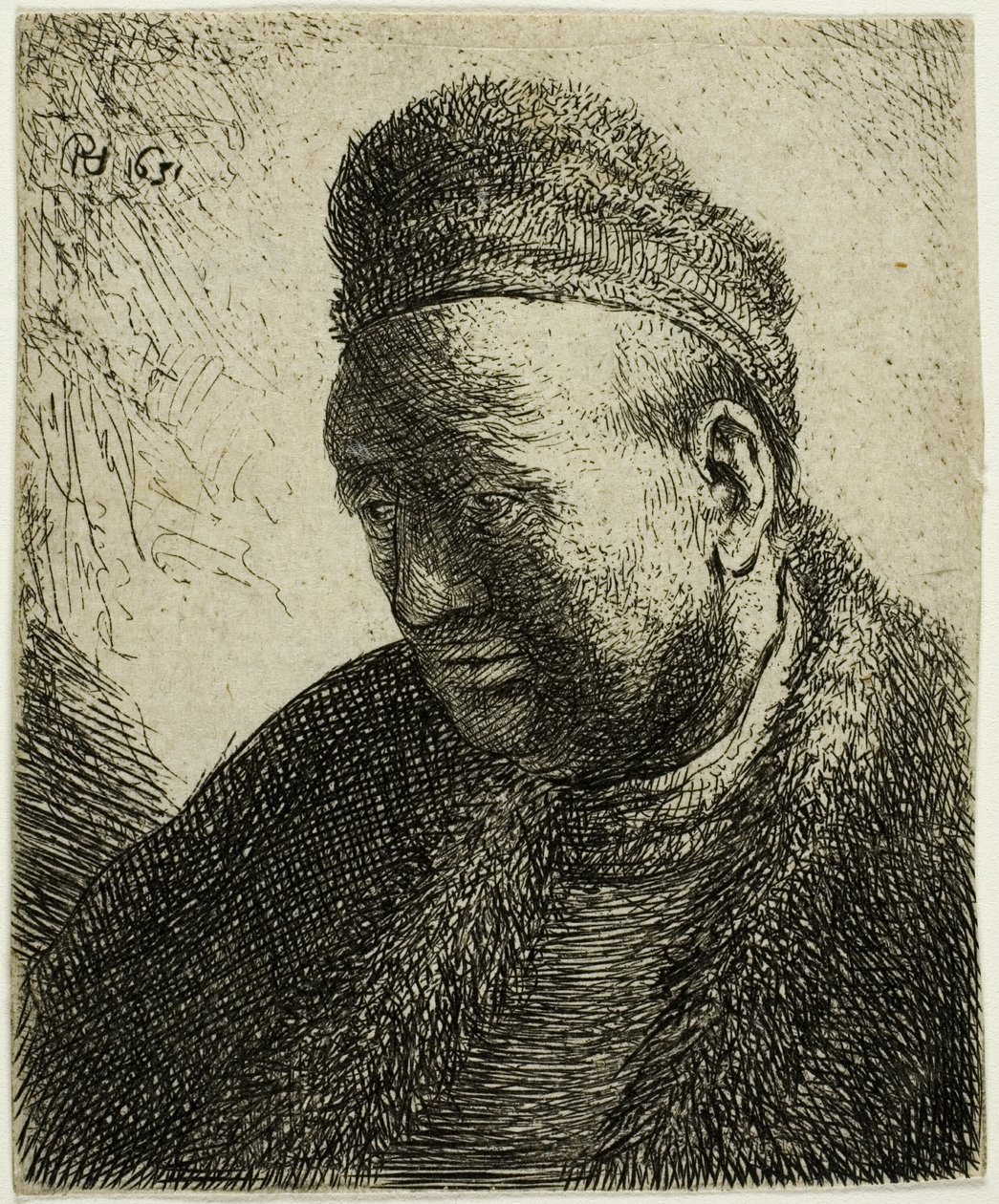 Skjeggløs mann i en pelskappe og lue: Byste av Rembrandt van Rijn