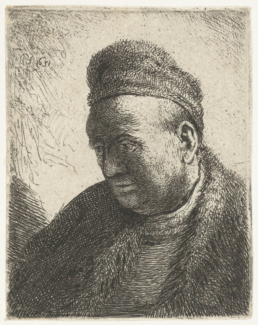 Skjeggløs mann i pelskappe og lue: byste av Rembrandt van Rijn