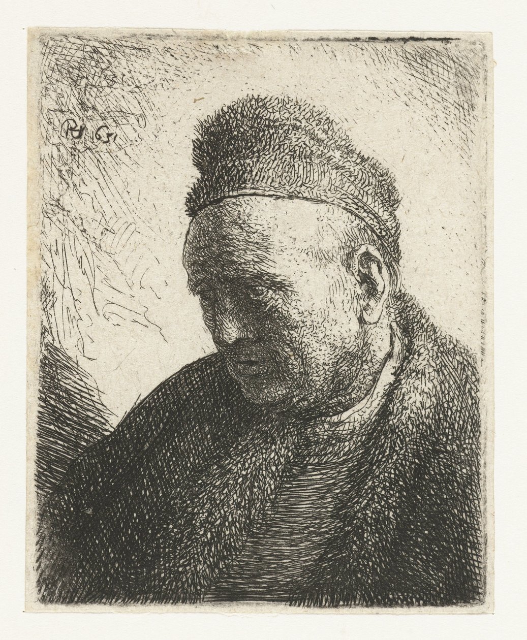 Skjeggløs mann i pelskappe og lue: byste av Rembrandt van Rijn