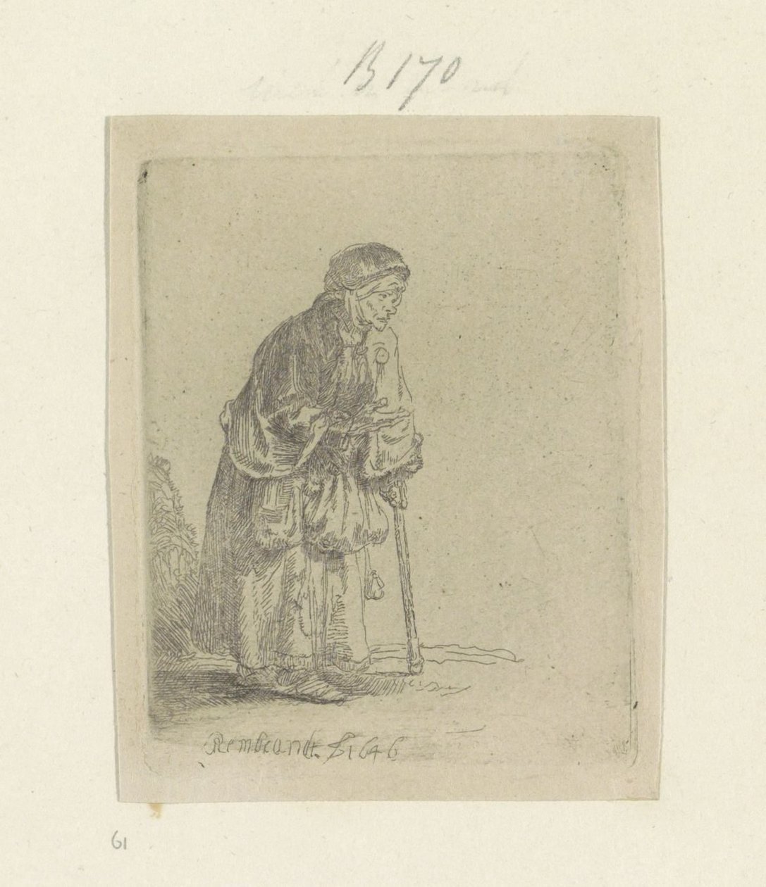 Tiggerkvinne, støttet på en pinne, til høyre Recueil de quatre-vingt-cinq estampes originales (serietittel) av Rembrandt van Rijn