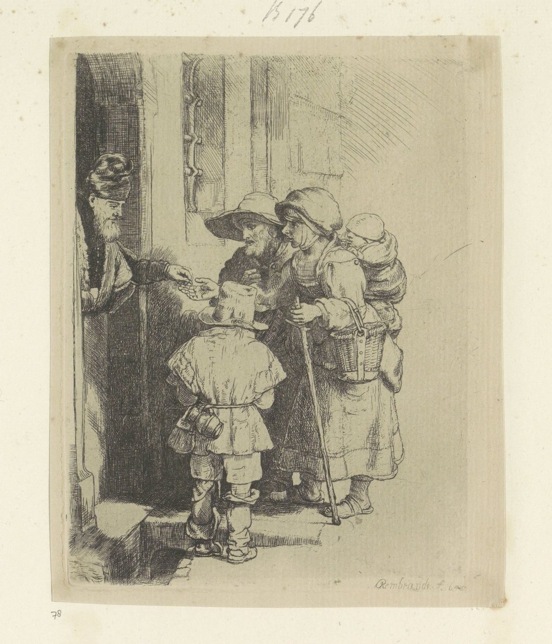 Tiggerfamilie mottar almisser ved døren til et hus. Recueil de quatre-vingt-cinq estampes originales (serietittel) av Rembrandt van Rijn