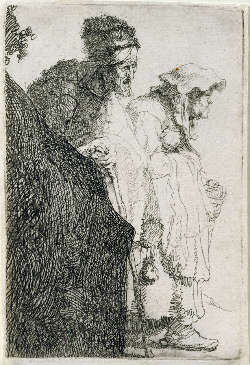 Tiggermann og kvinne bak en bank, ca. 1630 av Rembrandt van Rijn
