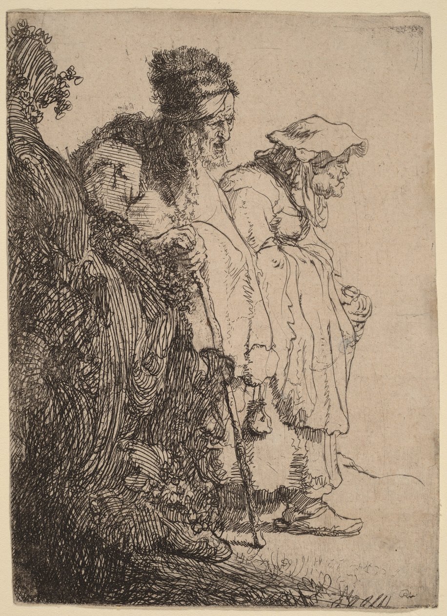 En tigger og en tiggerkvinne bak en bank av Rembrandt van Rijn