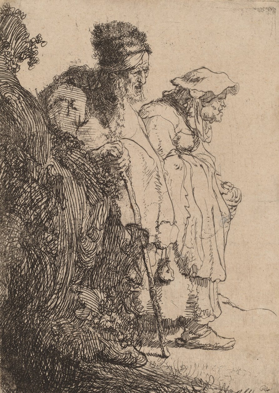 Tiggermann og kvinne bak en bank, ca. 1630. av Rembrandt van Rijn