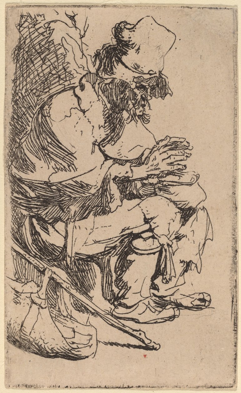 Tigger sitter og varmer hendene ved en gnagskål av Rembrandt van Rijn