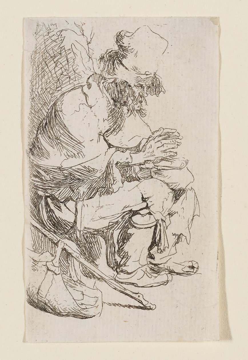 Sittende tigger som varmer hendene ved et varmefat av Rembrandt van Rijn
