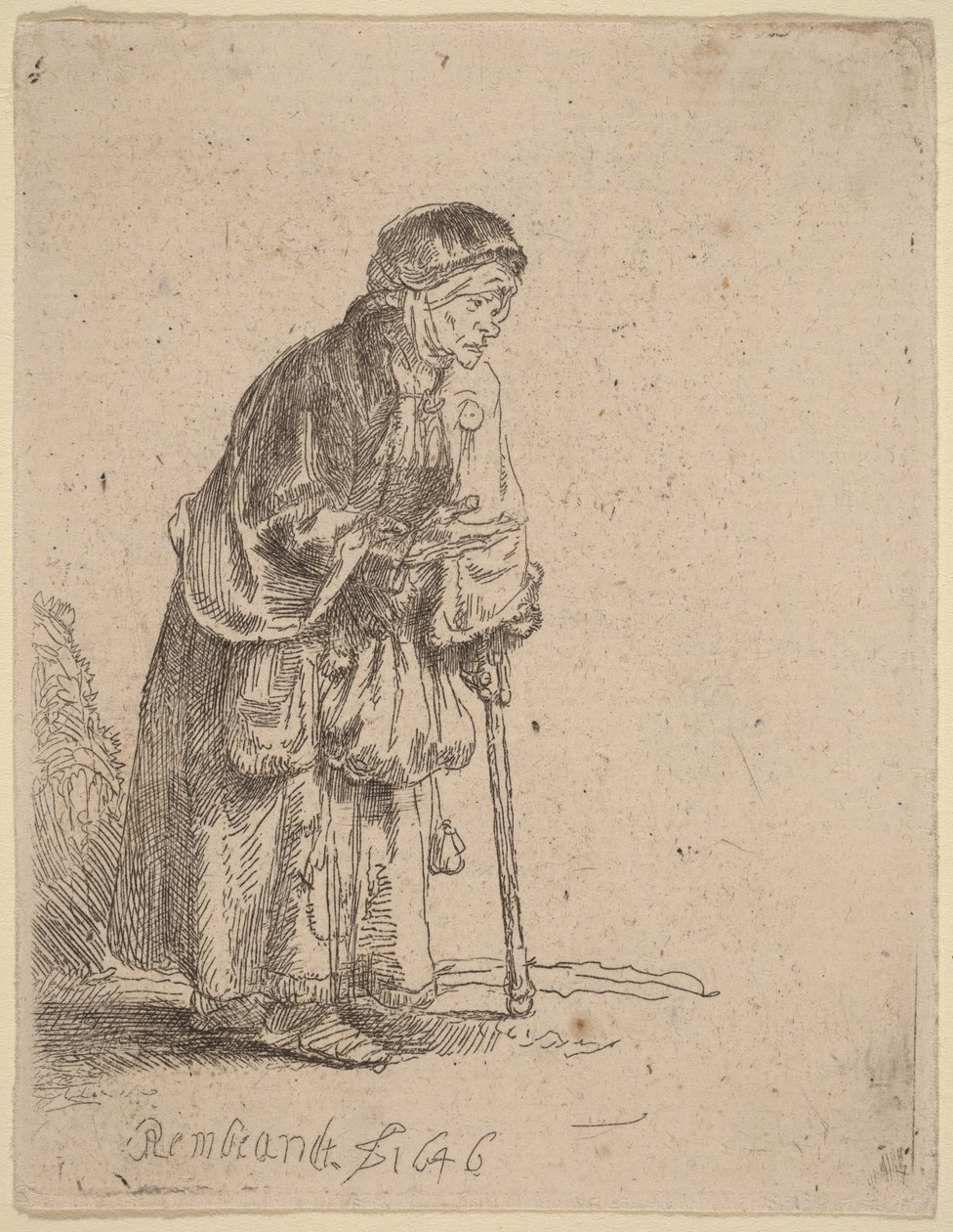 En tiggerkvinne som støtter seg til en stokk av Rembrandt van Rijn