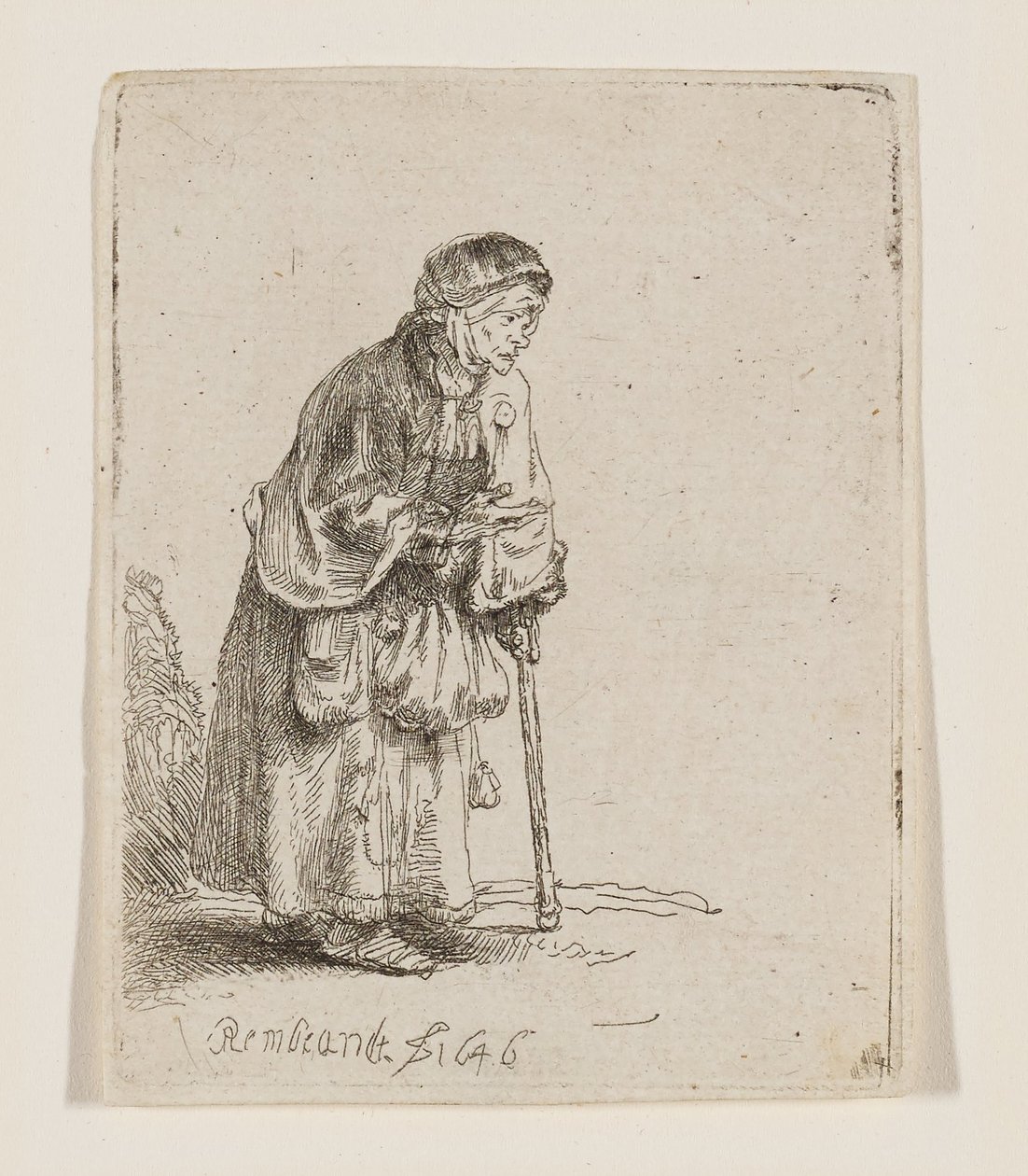 Tiggende kvinne som støtter seg på en stokk av Rembrandt van Rijn