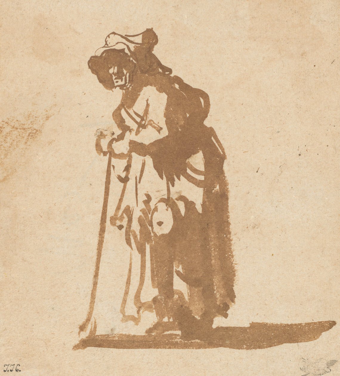 Tiggerkvinne lener seg på en pinne, 16281630. av Rembrandt van Rijn