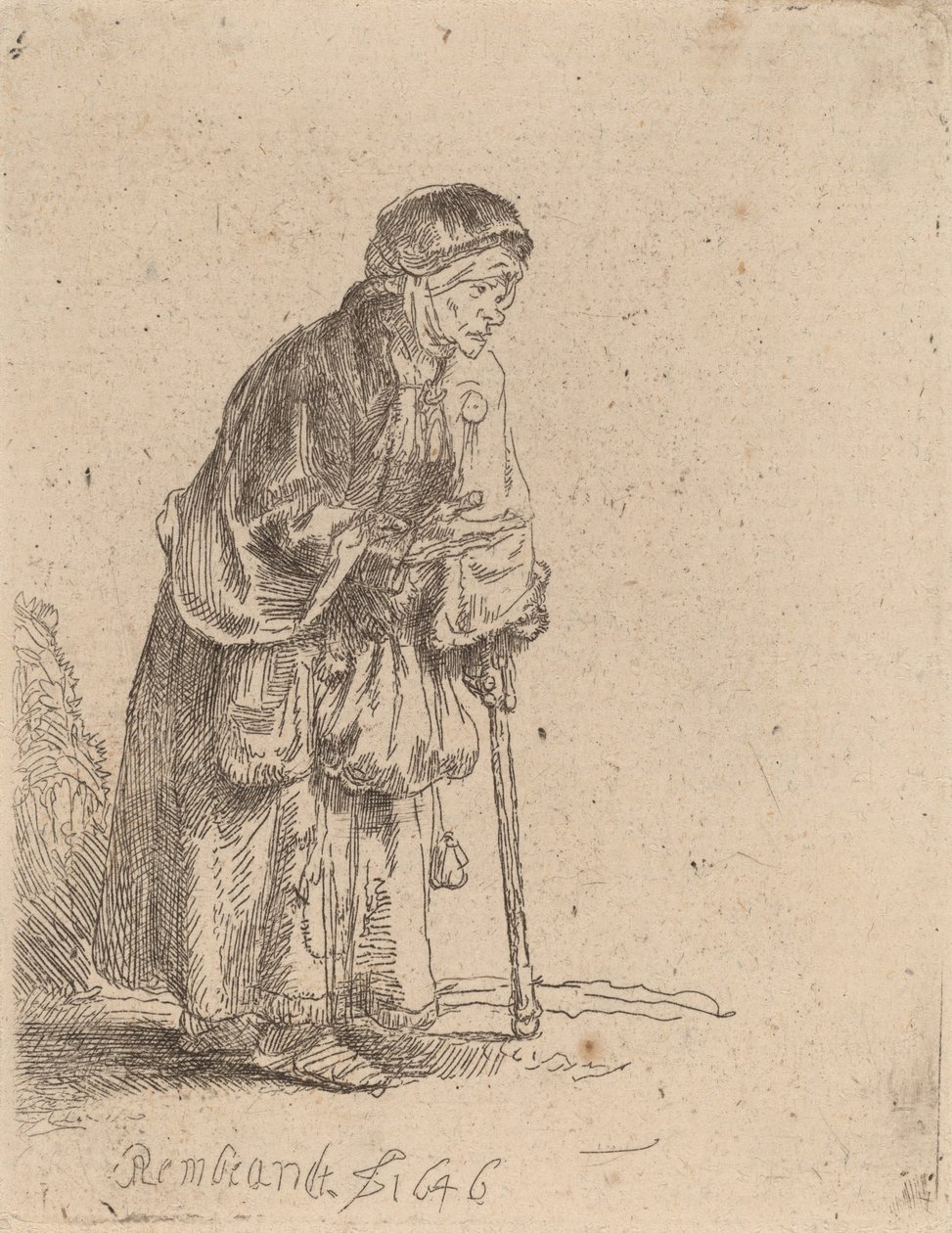 Tiggerkvinne lener seg på en pinne, 1646. av Rembrandt van Rijn