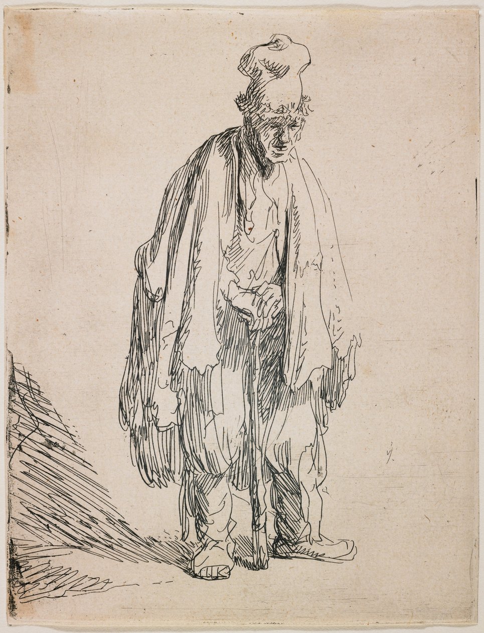 Tigger med høyhatt som støtter seg på en stokk av Rembrandt van Rijn