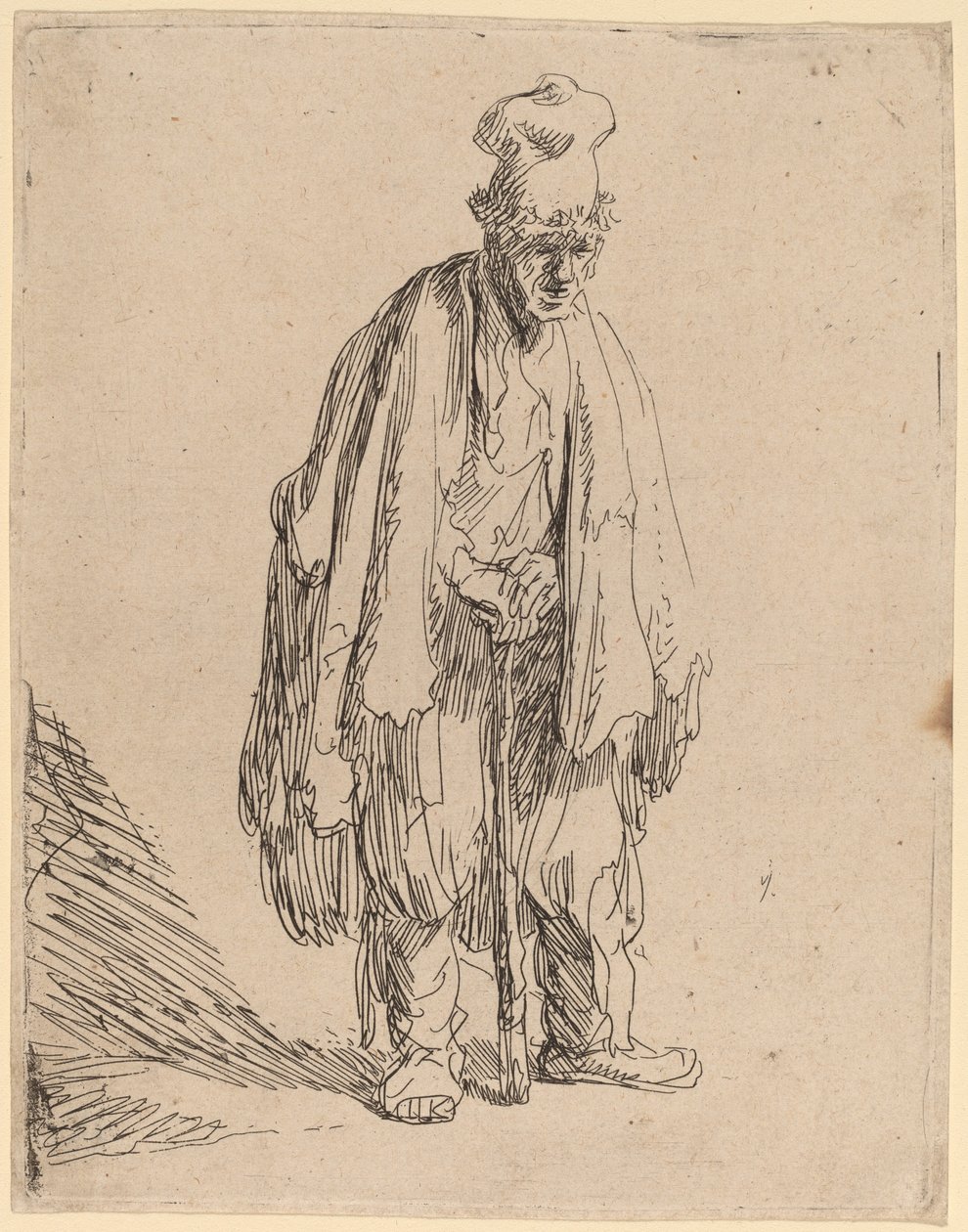 Tigger med høy lue, stående og lent på en pinne av Rembrandt van Rijn