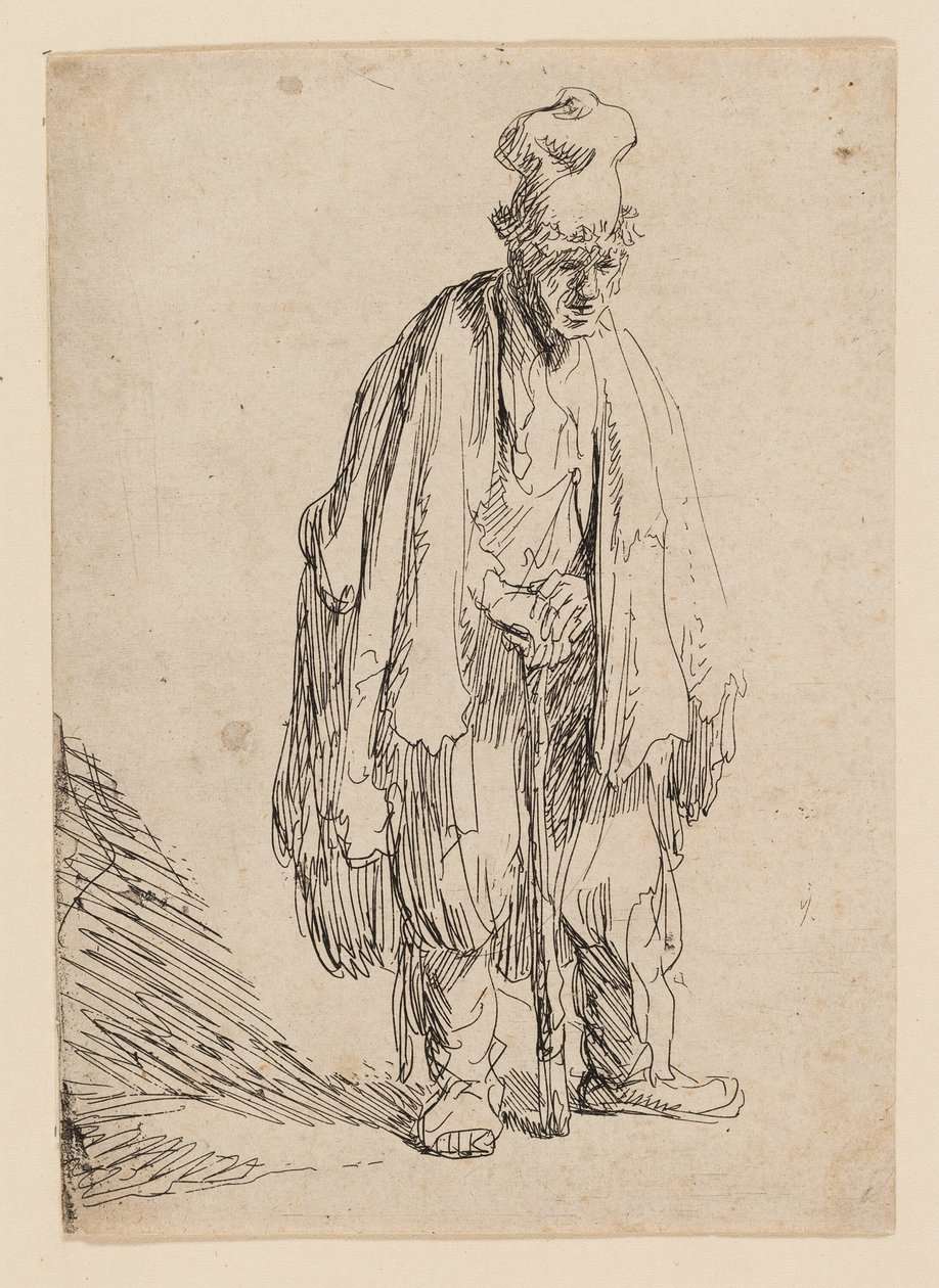 Tigger med høy lue, stående og lent på en pinne av Rembrandt van Rijn