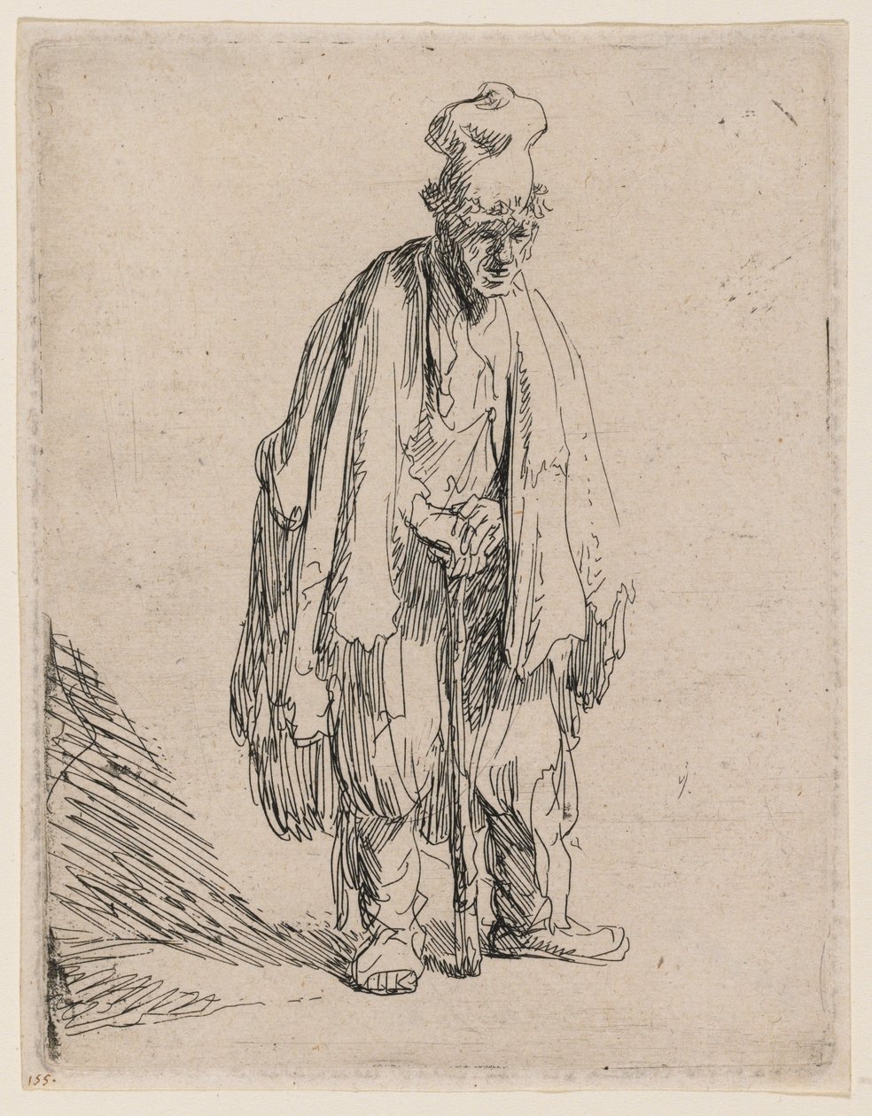 Tigger med høyhatt, stående og støttende seg til en stokk av Rembrandt van Rijn