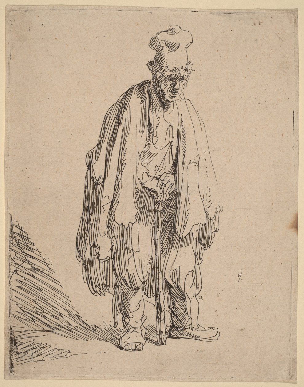 Tigger med høyhatt, stående og støttende seg til en stokk av Rembrandt van Rijn