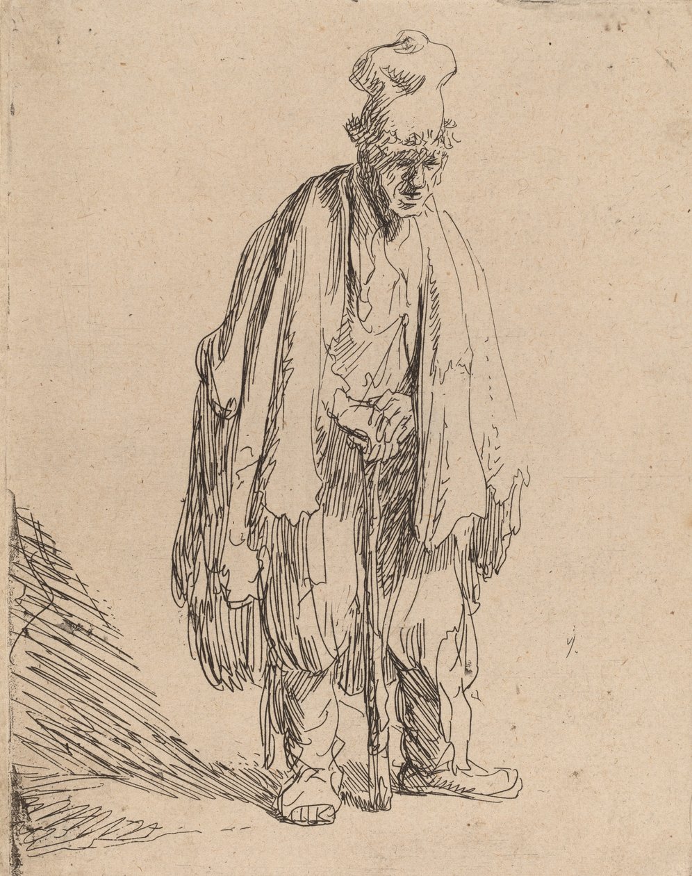 Tigger med høy lue, stående og lent på en pinne, ca. 1630. av Rembrandt van Rijn