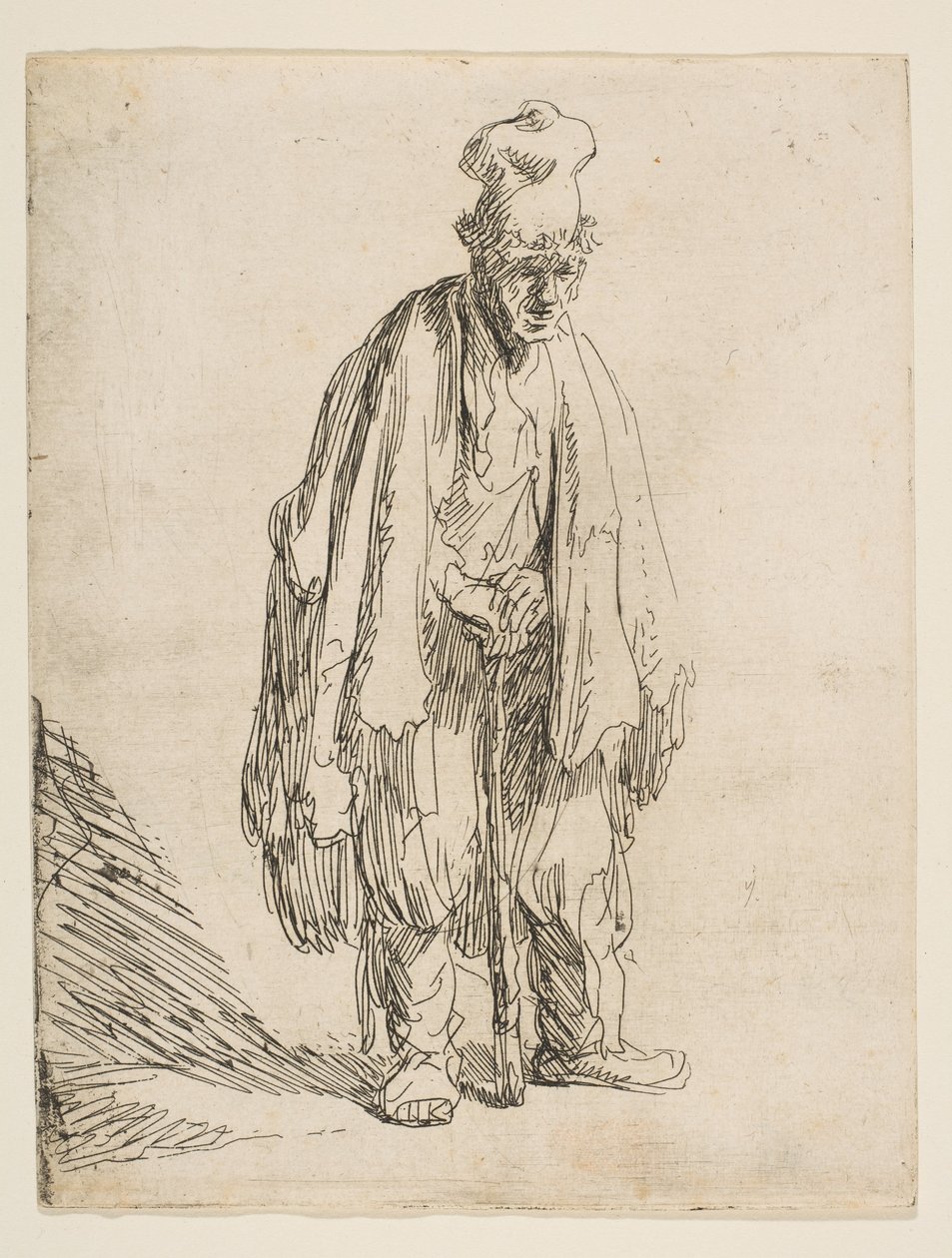 Tigger med høy lue, stående og lent på en pinne, ca. 1629. av Rembrandt van Rijn