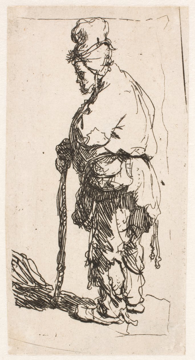 En tigger som støtter seg på en stokk, vendt mot venstre av Rembrandt van Rijn