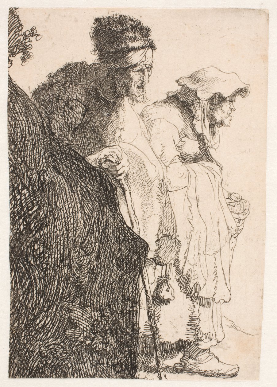 En tigger og en tiggerkvinne bak en bank av Rembrandt van Rijn